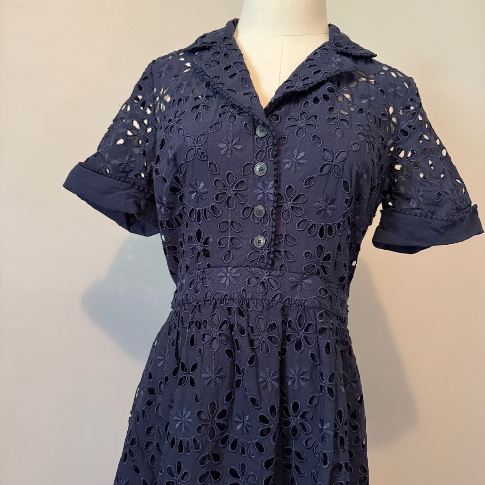 J. Crew Blue and White A-Line Midi Dress with Notched Collar - Picture 3 of 13